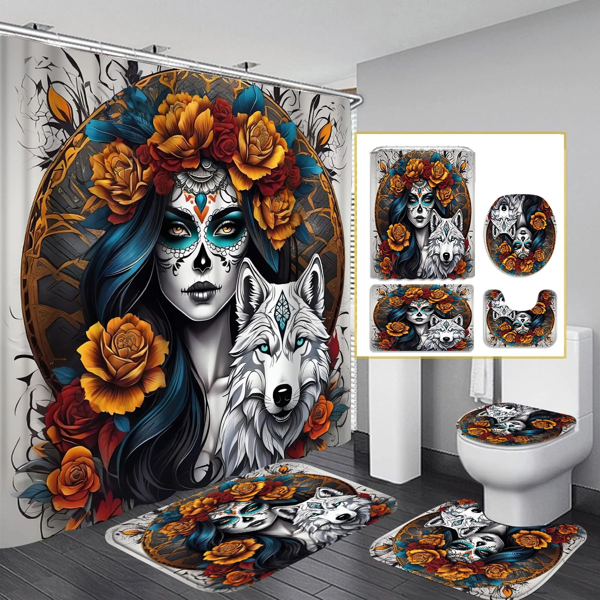Day of the Dead Bathroom Set: Waterproof Shower Curtain, Soft Contour Rug, Stylish Toilet Lid Cover, Non-Slip Bathtub Mat
Day of the Dead Bathroom Set: Waterproof Shower Curtain, Soft Contour Rug, Stylish Toilet Lid Cover, Non-Slip Bathtub Mat