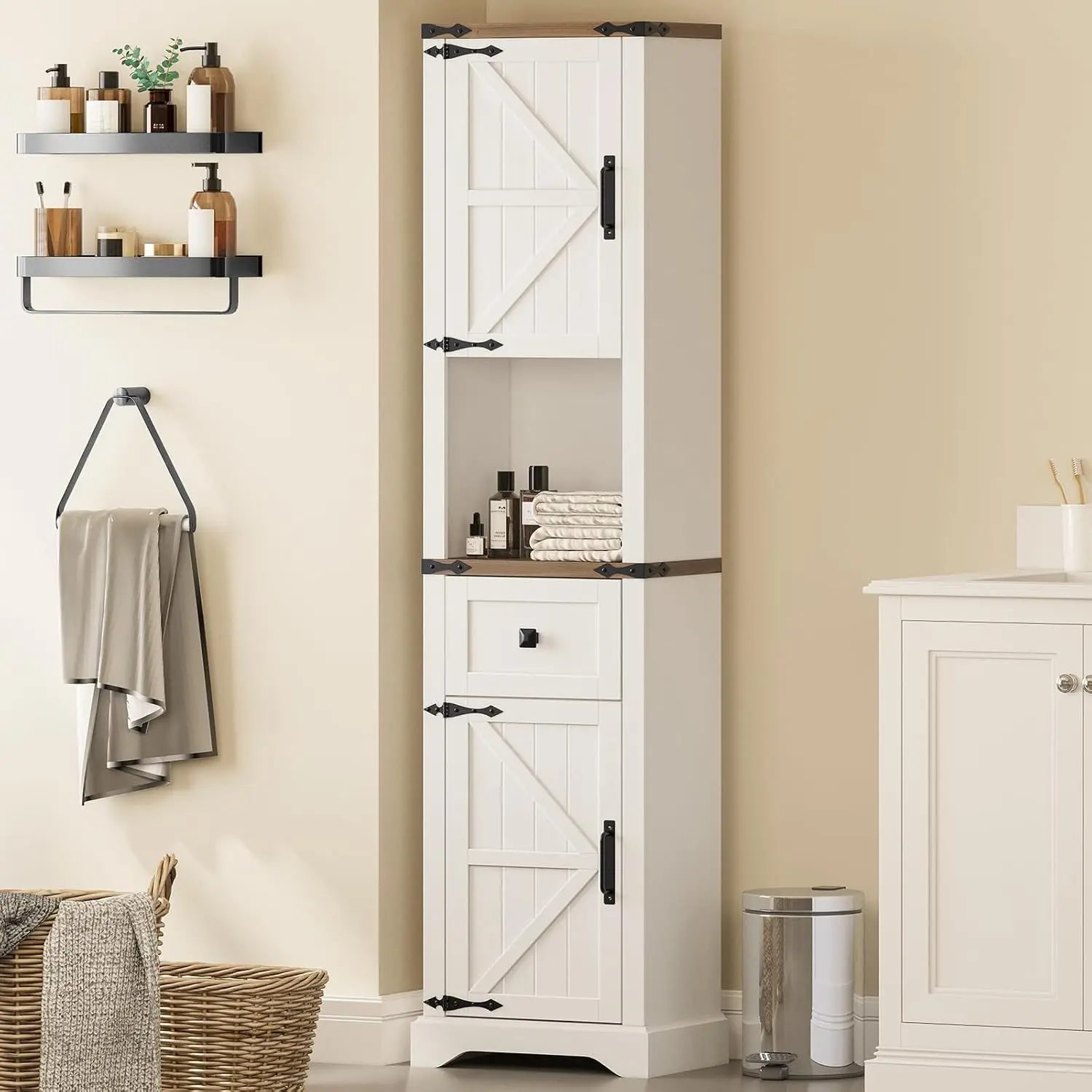 66" Tall Farmhouse Bathroom Storage Cabinet with Barn Doors and Drawer, Narrow Storage Unit, Adjustable Shelves & 5-Tier
66" Tall Farmhouse Bathroom Storage Cabinet with Barn Doors and Drawer, Narrow Storage Unit, Adjustable Shelves & 5-Tier