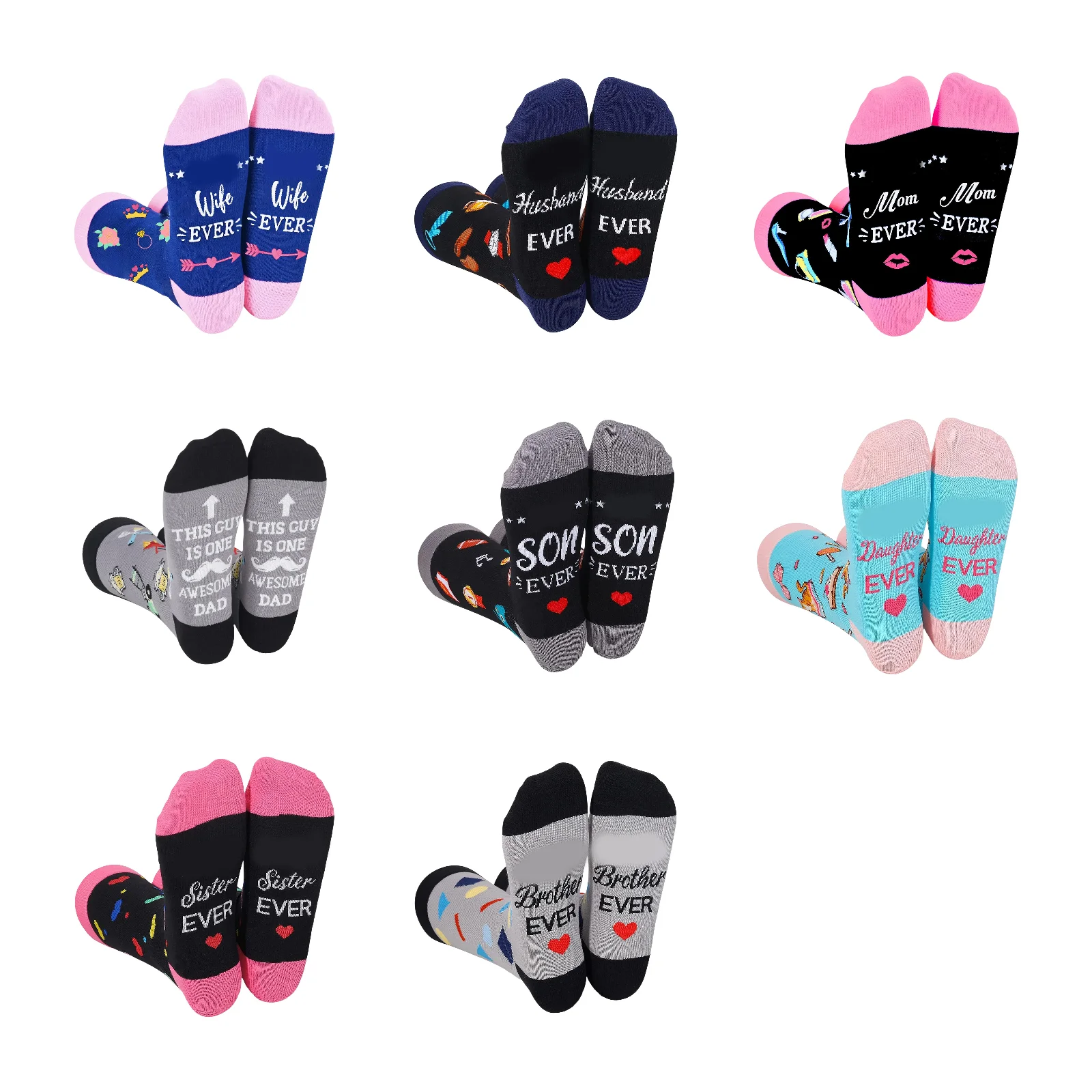 Family English alphabet cotton socks 8-piece set (wife/husband/mom/dad/son/daughter/sister/brother)
Family English alphabet cotton socks 8-piece set (wife/husband/mom/dad/son/daughter/sister/brother)