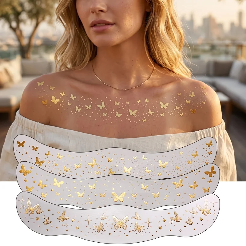 Three golden butterfly collarbone tattoo stickers, metal glitter chest stickers, waterproof and long-lasting body paint, suitable for women's summer wedding party festivals
Three golden butterfly collarbone tattoo stickers, metal glitter chest stickers, waterproof and long-lasting body paint, suitable for women's summer wedding party festivals