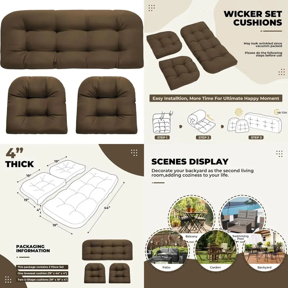 Brown Waterproof Outdoor Wicker Loveseat Cushions with 2 U-Shaped Seat Cushions for Patio Furniture
Brown Waterproof Outdoor Wicker Loveseat Cushions with 2 U-Shaped Seat Cushions for Patio Furniture