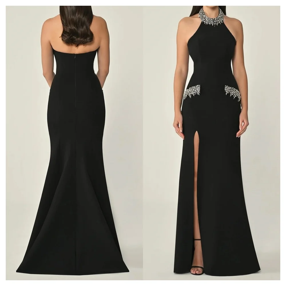 Customized Elegant Black Jersey Evening Dress High Quality Halter Sleeveless Party Dress Delicate Floor Length Celebr
Customized Elegant Black Jersey Evening Dress High Quality Halter Sleeveless Party Dress Delicate Floor Length Celebr
