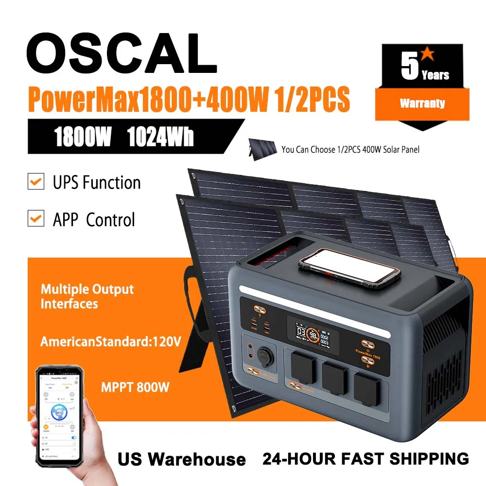 1024WH Capacity Power Station OSCAL PowerMax1800 Solar Generator Set Of 1/2PCS 400W Solar Panel Support APP For Outdoor Camping
1024WH Capacity Power Station OSCAL PowerMax1800 Solar Generator Set Of 1/2PCS 400W Solar Panel Support APP For Outdoor Camping