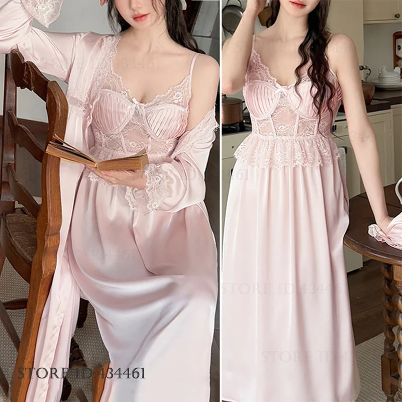 Spring Summer Women Long Robe Nightgown Set Patchwork Lace Suspender Night Dress Lingerie Sexy Silk Satin Homewear Loungewear
Spring Summer Women Long Robe Nightgown Set Patchwork Lace Suspender Night Dress Lingerie Sexy Silk Satin Homewear Loungewear