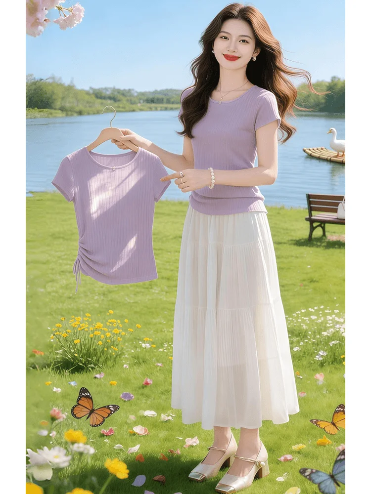 Casual Knitted Two-Piece Set Women's Slim Fit Short Sleeve T-Shirt Mesh Skirt Purple Style Summer New Arrival Breathable Fashion
Casual Knitted Two-Piece Set Women's Slim Fit Short Sleeve T-Shirt Mesh Skirt Purple Style Summer New Arrival Breathable Fashion