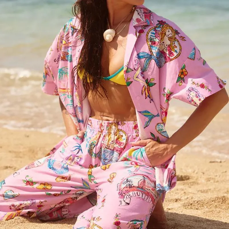 Stylish Short Sleeve Single Breasted Shirts&Straight Pants Set Casual Mermaid Graphic Printed Loose Vacation Sets Summer New Set
Stylish Short Sleeve Single Breasted Shirts&Straight Pants Set Casual Mermaid Graphic Printed Loose Vacation Sets Summer New Set