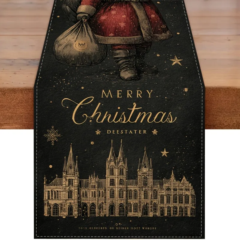 Elegant Black Gold Church Santa Claus Printed Table Flag Party Decoration Festival Table Decoration Thanksgiving Kitchen Table D