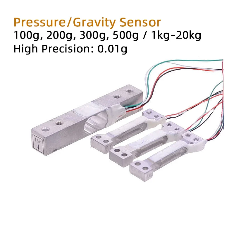 Pressure/Gravity Sensor (100g, 200g, 300g, 500g / 1kg–20kg) — High Precision: 0.01g — Gravity Module HX711
Pressure/Gravity Sensor (100g, 200g, 300g, 500g / 1kg–20kg) — High Precision: 0.01g — Gravity Module HX711
