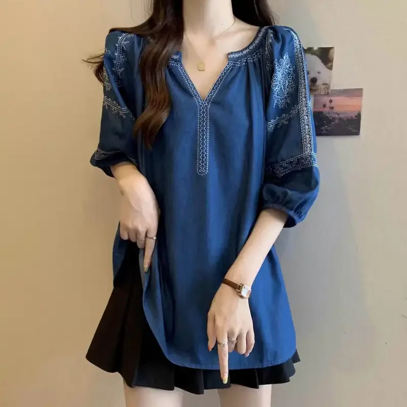 V Neck Bohemian Style Loose Fit Blouse With Embroidered Details And Puff Sleeves For Women Summer Casual Wear
V Neck Bohemian Style Loose Fit Blouse With Embroidered Details And Puff Sleeves For Women Summer Casual Wear