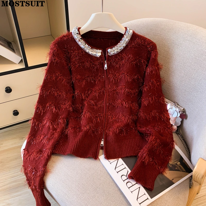 Вязаный свитер с блестками, кардиган, женский осенне-зимний пальто на молнии с длинными рукавами, куртка, стильные шикарные элегантные модные женские джемперы 
Вязаный свитер с блестками, кардиган, женский осенне-зимний пальто на молнии с длинными рукавами, куртка, стильные шикарные элегантные модные женские джемперы