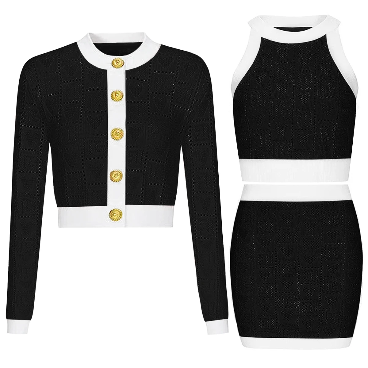 High Quality New Fashionable Elastic Heart Vest Slim Fit Short Skirt Color Blocked Long Sleeved Cardigan Slim Fit Women's Set
High Quality New Fashionable Elastic Heart Vest Slim Fit Short Skirt Color Blocked Long Sleeved Cardigan Slim Fit Women's Set