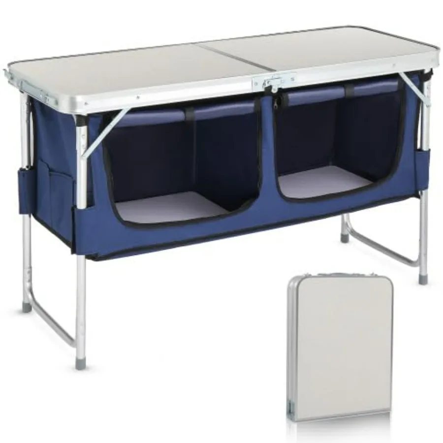 Outdoor portable kitchen table for BBQ, picnic, hiking, beach, indoor use; aluminum; black; folding with storage and 3-height a
Outdoor portable kitchen table for BBQ, picnic, hiking, beach, indoor use; aluminum; black; folding with storage and 3-height a