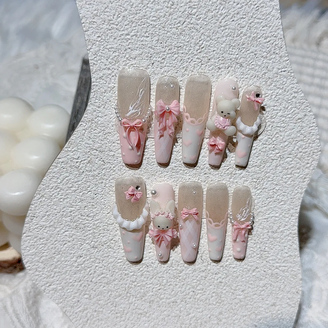 10pcs Pink Bow Fake Nails Cute Bear Design Sweet French Press on Nails for Lady Girl Wearable Handmade Korean Fake Nail Tips
10pcs Pink Bow Fake Nails Cute Bear Design Sweet French Press on Nails for Lady Girl Wearable Handmade Korean Fake Nail Tips