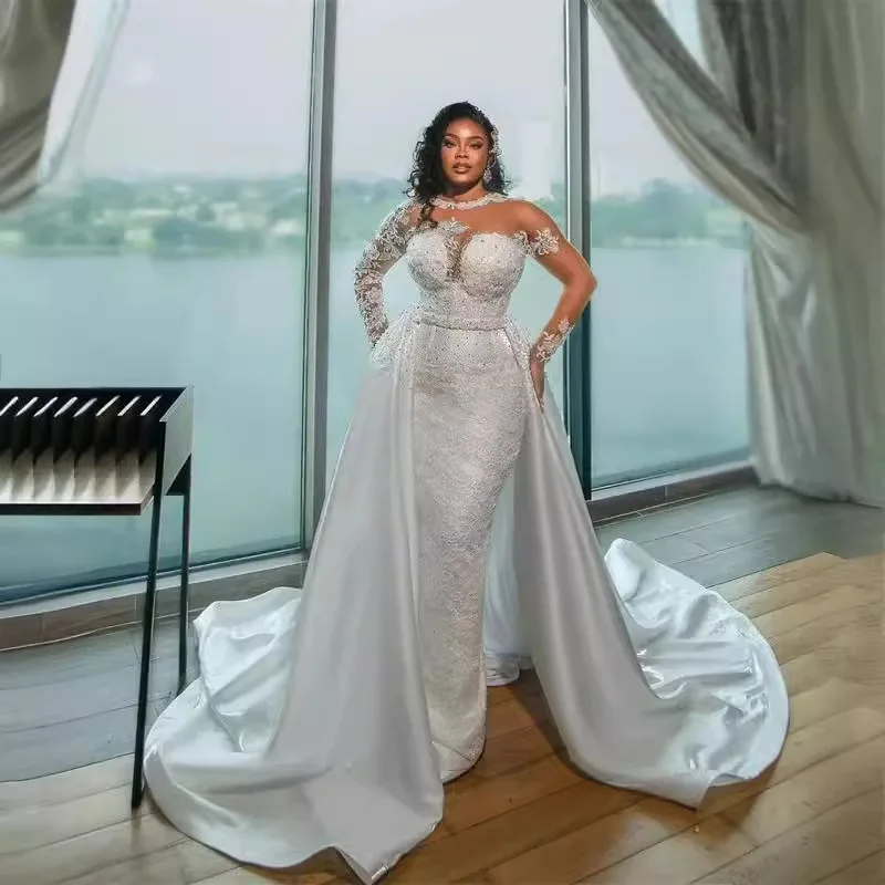 New Satin Bridal Wedding Dress, Beaded Long Sleeve White Lace Wedding Gown, Detachable Train Wedding Dress for Women
New Satin Bridal Wedding Dress, Beaded Long Sleeve White Lace Wedding Gown, Detachable Train Wedding Dress for Women