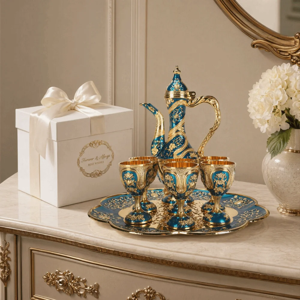 8pcs Tea Sets Zinc Alloy Turkish Tea Set With Tea Tray Gold Blue Vintage Tea Set With Cups Tea Glass Set For Birthday
8pcs Tea Sets Zinc Alloy Turkish Tea Set With Tea Tray Gold Blue Vintage Tea Set With Cups Tea Glass Set For Birthday