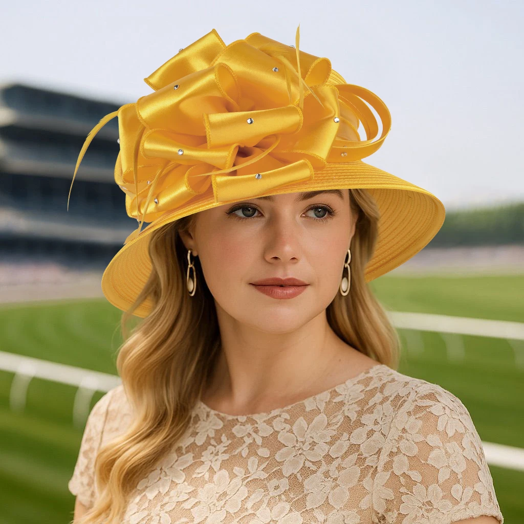 Elegant Church Hat for Women Wide Brim Kentucky Derby Gold Fascinator Hat with Bow & Rhinestones for Wedding, Tea Party
Elegant Church Hat for Women Wide Brim Kentucky Derby Gold Fascinator Hat with Bow & Rhinestones for Wedding, Tea Party