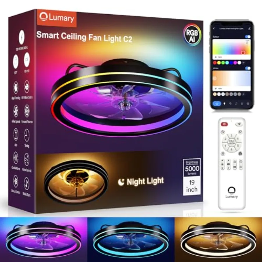 Bedroom ceiling fan light: black, ABS+metal, 2200K nightlight + RGBAI + 42 scenes, 5000 LM, WiFi/Bluetooth, remote, flush mount
Bedroom ceiling fan light: black, ABS+metal, 2200K nightlight + RGBAI + 42 scenes, 5000 LM, WiFi/Bluetooth, remote, flush mount