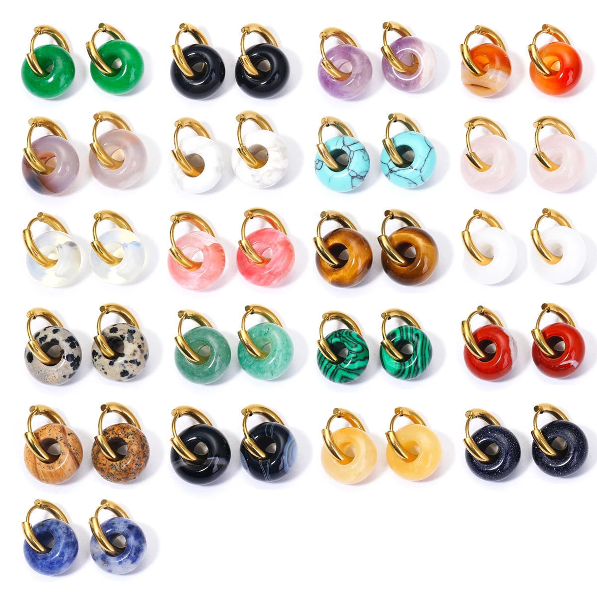 Natural Stone Malacite Quartz Tiger Eye Stone Donut Shape Stainless Steel Hoop Earrings Women Fashion Pierced Dangle Earring
Natural Stone Malacite Quartz Tiger Eye Stone Donut Shape Stainless Steel Hoop Earrings Women Fashion Pierced Dangle Earring