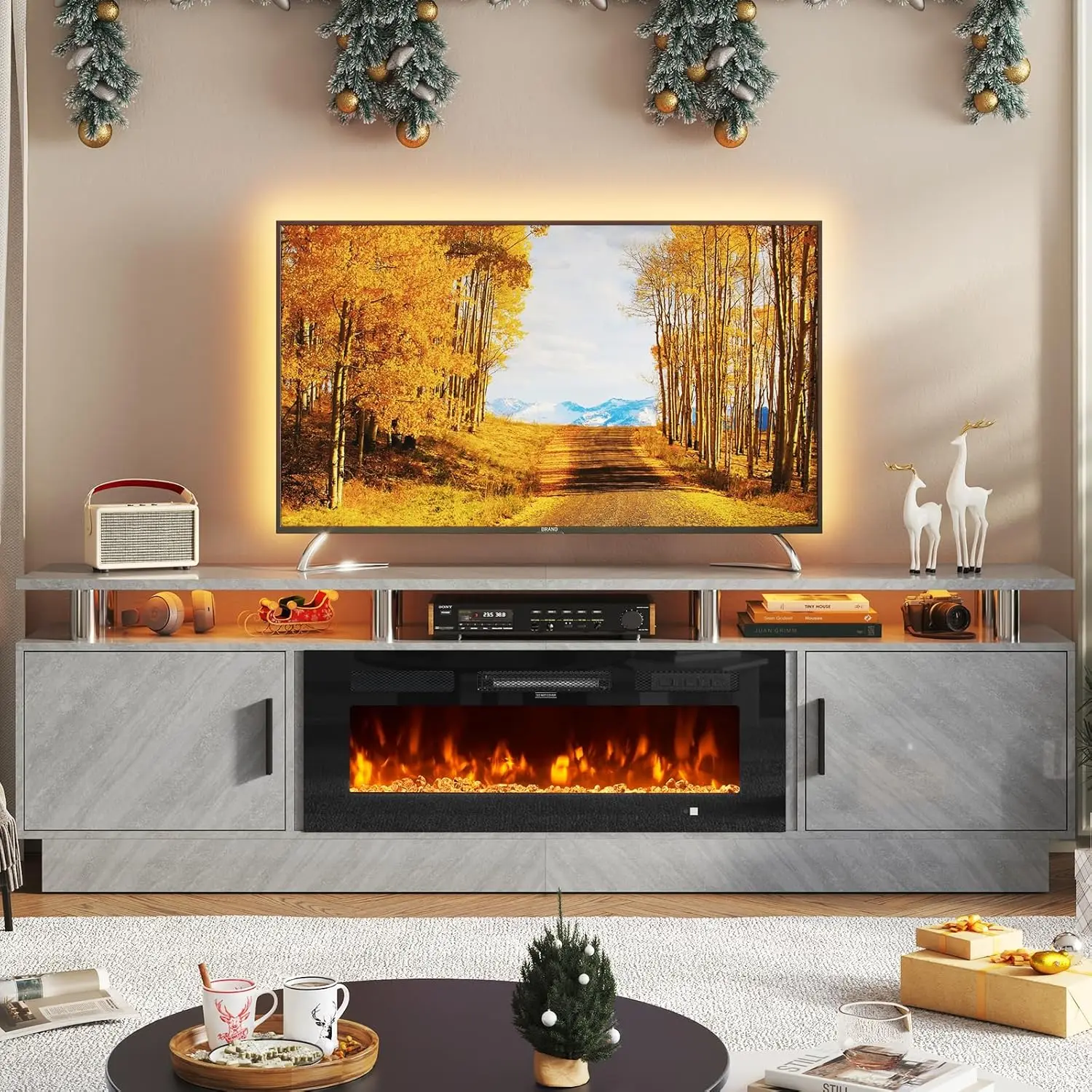Fireplace TV Stand with 36”Electric Fireplace, 80” 2 Tier TV Console Stand for TVs Up to 90",LED Light Entertainment Center,Gray
Fireplace TV Stand with 36”Electric Fireplace, 80” 2 Tier TV Console Stand for TVs Up to 90",LED Light Entertainment Center,Gray