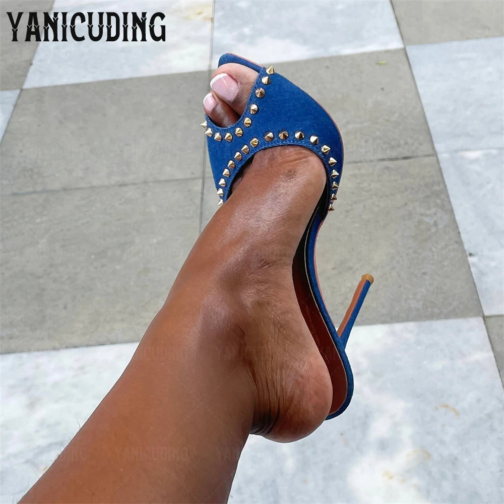 Dark Denim Mules Gold Rivet Stiletto Slippers Pointed Toe Sexy Sandals for Women Slip on Summer Shoes Custom Color Fashion Style
Dark Denim Mules Gold Rivet Stiletto Slippers Pointed Toe Sexy Sandals for Women Slip on Summer Shoes Custom Color Fashion Style