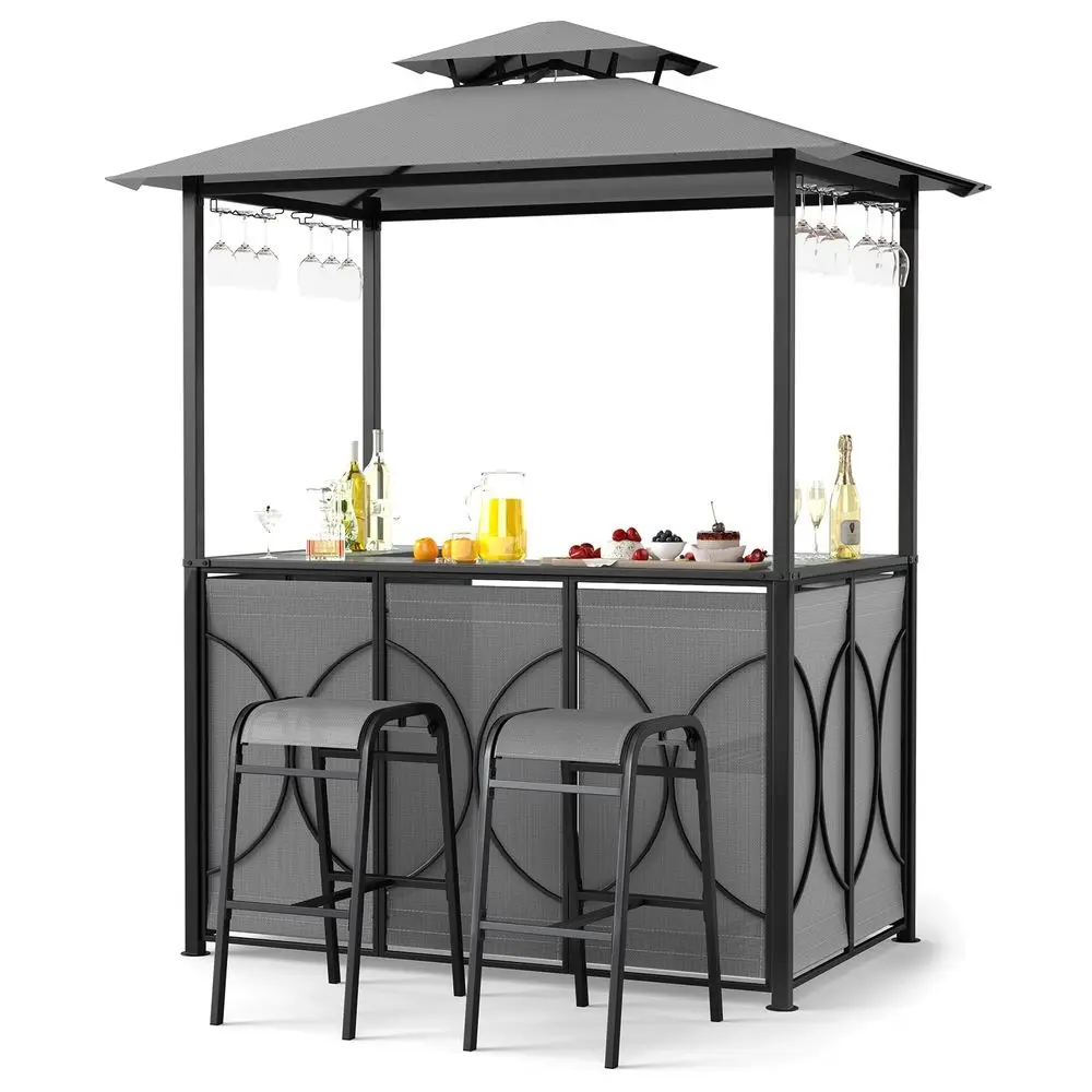3Piece Patio Bar Set, Grill Gazebo amp 2 Bar Stools with Tempered Glass Bar Table, Metal Storage Shelves, Glass Holders, Double
3Piece Patio Bar Set, Grill Gazebo amp 2 Bar Stools with Tempered Glass Bar Table, Metal Storage Shelves, Glass Holders, Double
