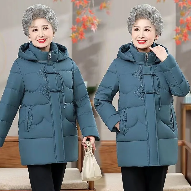 Embroidery Warm Winter Clothes Women's Coat Middle-Aged Elderly Hooded Mid-Length Add Fleece Thicken Ladies Cotton Outerwear
Embroidery Warm Winter Clothes Women's Coat Middle-Aged Elderly Hooded Mid-Length Add Fleece Thicken Ladies Cotton Outerwear