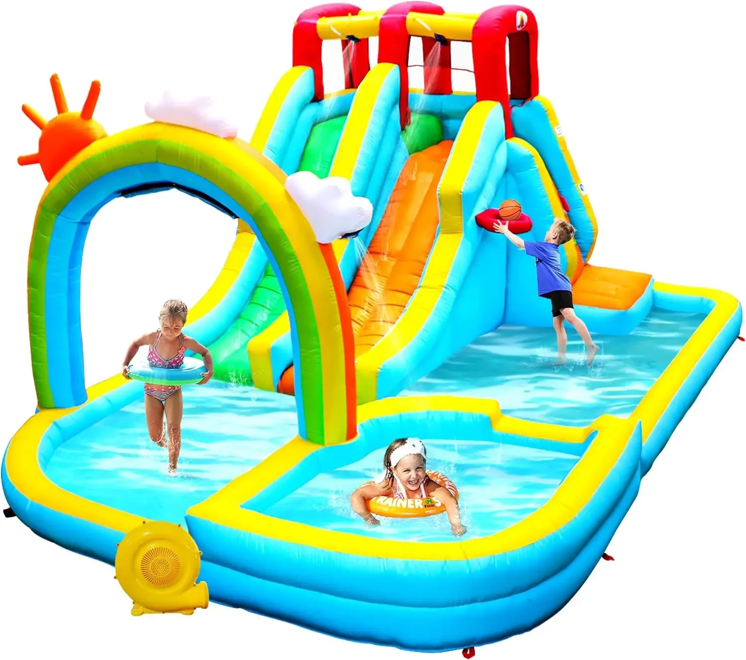 Inflatable Water Double Slides Park with Blower, Bouncy Castle with Rainbow Water Curtain, with Shooting and Rock Climbing
Inflatable Water Double Slides Park with Blower, Bouncy Castle with Rainbow Water Curtain, with Shooting and Rock Climbing