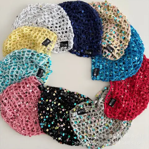 Early Autumn New Ethnic Style Sequin Hollow Knitted Pullover Hat for Girls Fashionable Stylish Fishnet Headwrap Hat