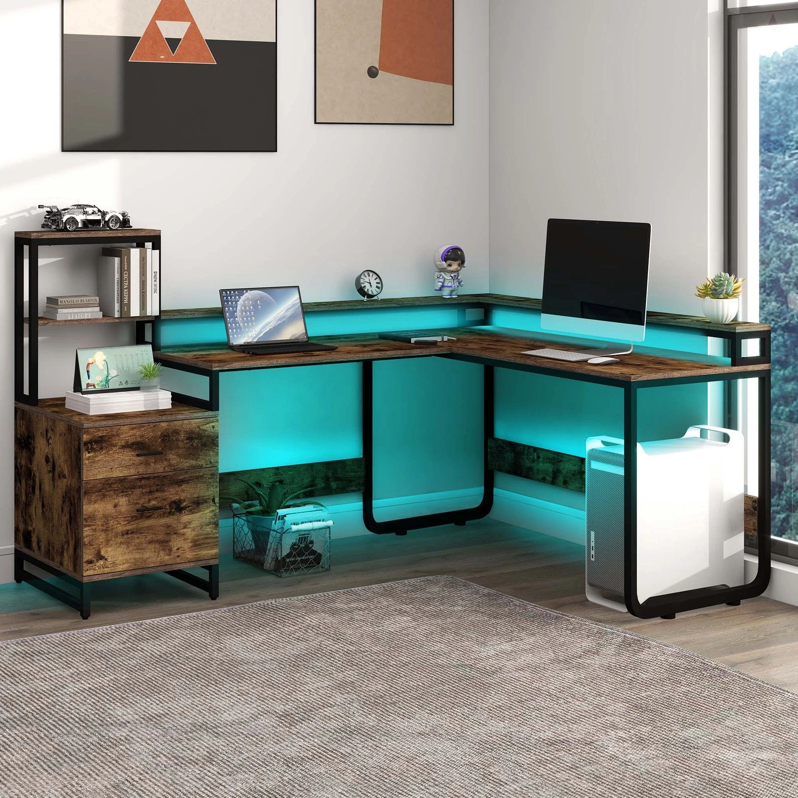 L Shaped Office Computer Desk File Drawers Shelves Monitor Stand w/ LED Lights
L Shaped Office Computer Desk File Drawers Shelves Monitor Stand w/ LED Lights