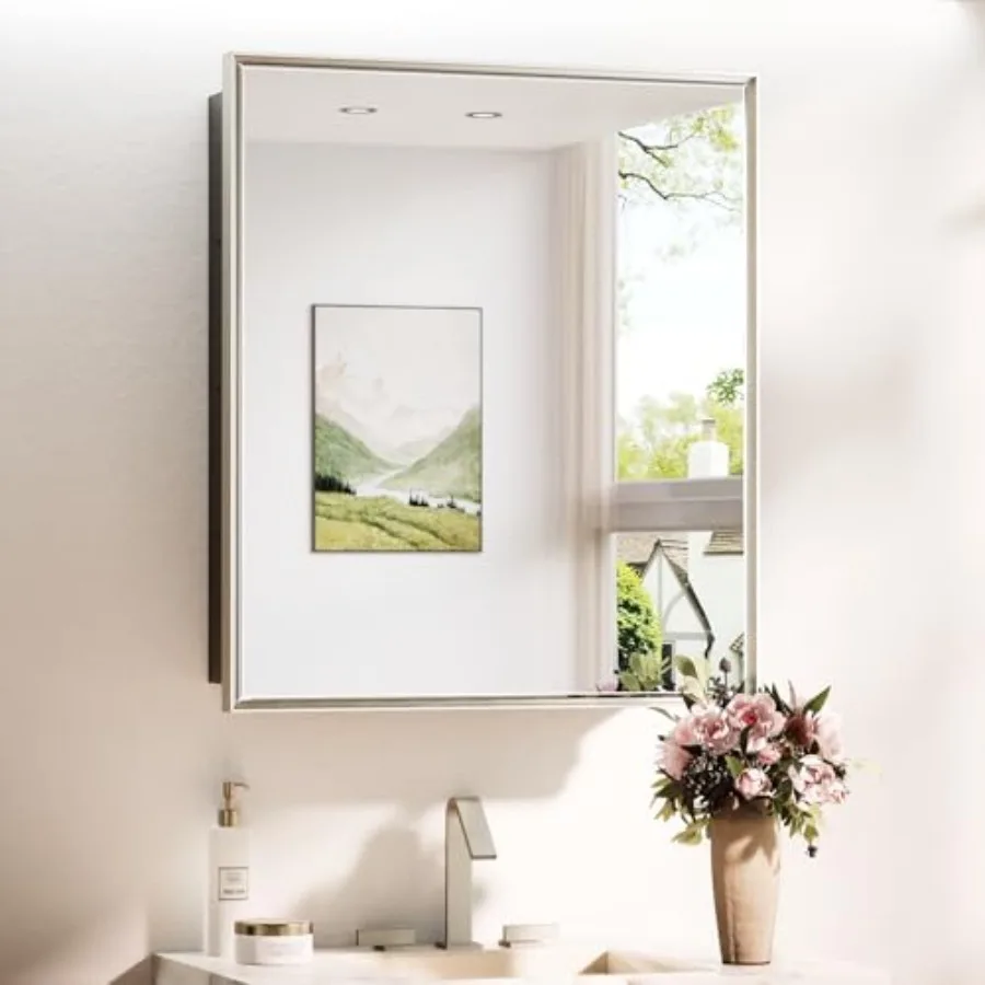 26x30 Recessed or Surface Mounted Medicine Cabinet Mirror, Aluminum Framed Metal Mirror with Storage Adjustable, Brushed Nickel
26x30 Recessed or Surface Mounted Medicine Cabinet Mirror, Aluminum Framed Metal Mirror with Storage Adjustable, Brushed Nickel