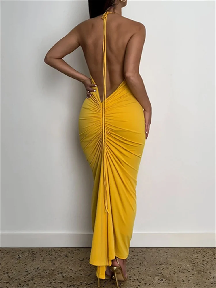 CHRONSTYLE Women Halter Tie-up Backless Long Dress Slim Fit Solid Ruched Summer Party Dress Sleeveless Off Shoulder Vestido 2023
CHRONSTYLE Women Halter Tie-up Backless Long Dress Slim Fit Solid Ruched Summer Party Dress Sleeveless Off Shoulder Vestido 2023