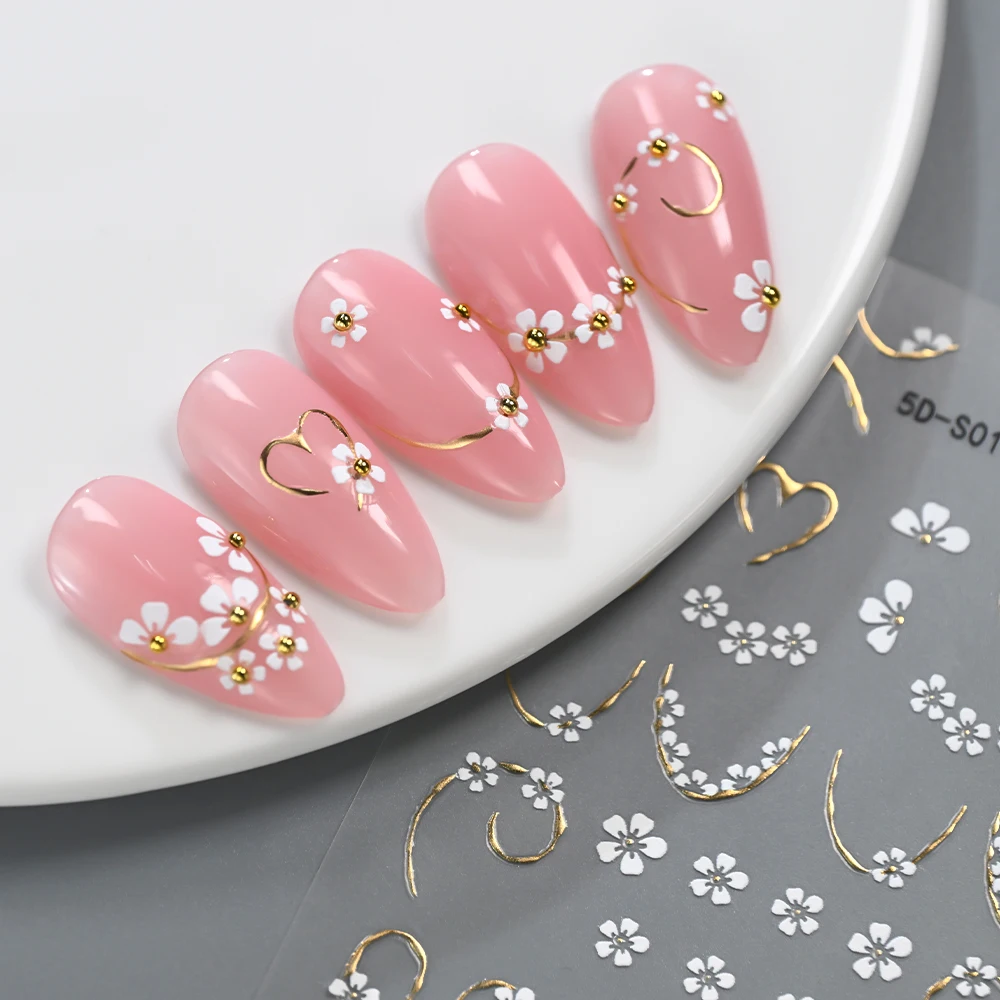 5D White Embossed Flower French Nail Stickers 5-Petal Flower Gold Foil Sticker Decals Self-Adhesive French Tips Nail Art Sticker
5D White Embossed Flower French Nail Stickers 5-Petal Flower Gold Foil Sticker Decals Self-Adhesive French Tips Nail Art Sticker