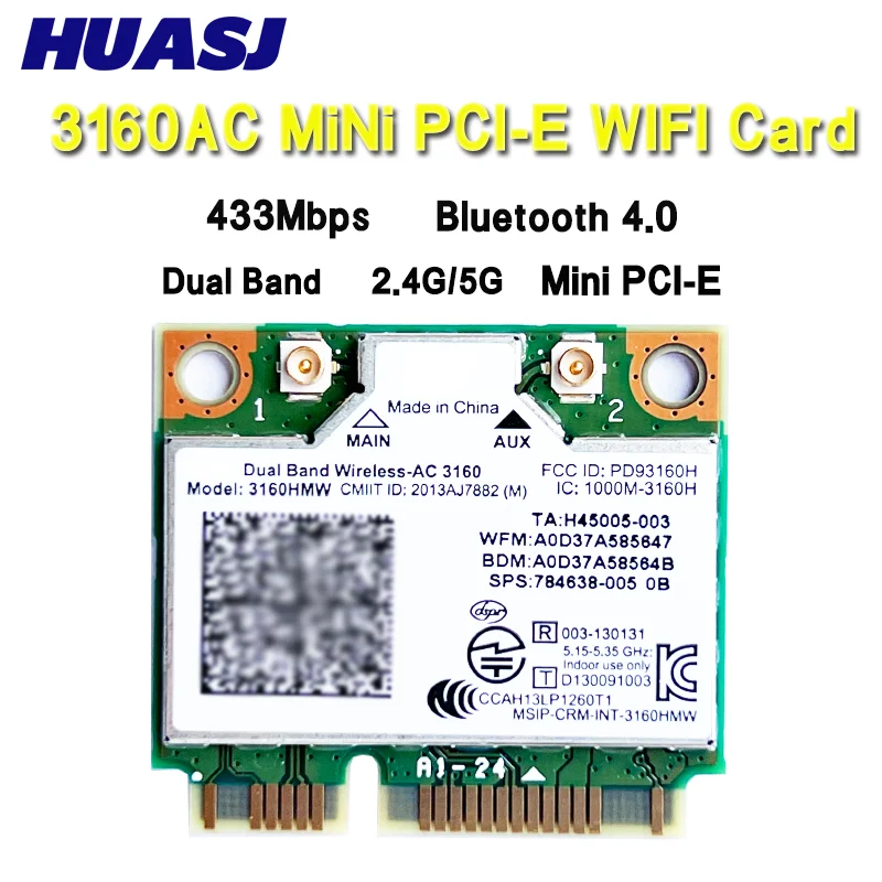 AC-3160 3160HMW Wi-Fi Беспроводная карта для ноутбука Двухдиапазонная 2,4 ГГц 5 ГГц 802.11ac 3160AC + Bluetooth 4.0 Mini PCI-e Wi-Fi карта
AC-3160 3160HMW Wi-Fi Беспроводная карта для ноутбука Двухдиапазонная 2,4 ГГц 5 ГГц 802.11ac 3160AC + Bluetooth 4.0 Mini PCI-e Wi-Fi карта