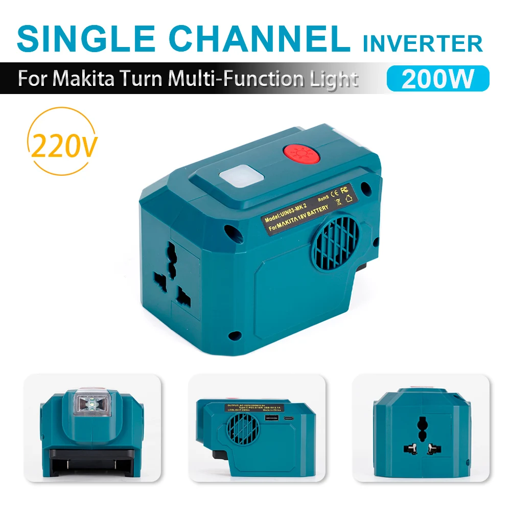 200W Inverter Single Channel Inverter Multifunctional Light 220V AC Output Portable For Makita 18V Battery Power Supply Inverte
200W Inverter Single Channel Inverter Multifunctional Light 220V AC Output Portable For Makita 18V Battery Power Supply Inverte