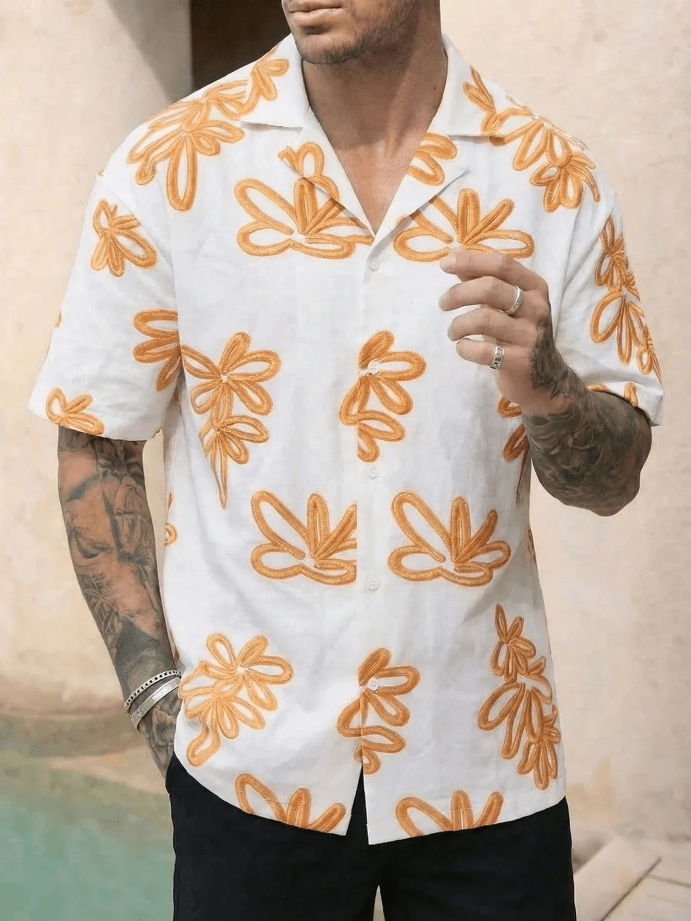 Mens White Short Sleeve Button Down Shirt With Orange Floral Embroidery Casual Summer
Mens White Short Sleeve Button Down Shirt With Orange Floral Embroidery Casual Summer