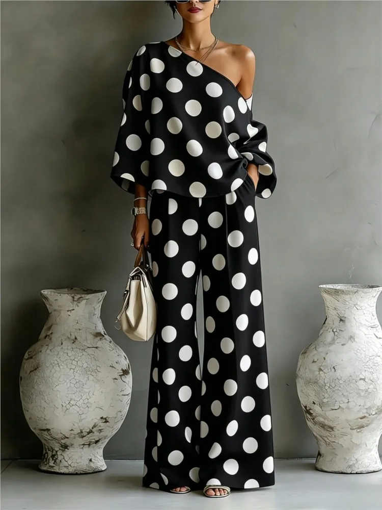 Summer New Polka Dot Print Set Women Slant Shoulder Open Back Top+High Waist Wide Leg Pants Vacation Style Loose 2 Piece Suit
Summer New Polka Dot Print Set Women Slant Shoulder Open Back Top+High Waist Wide Leg Pants Vacation Style Loose 2 Piece Suit