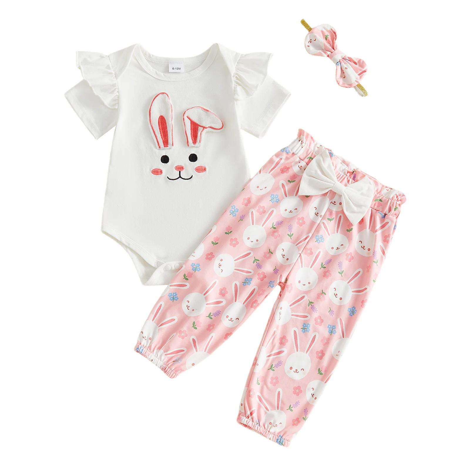 Toddler Girls Spring Outfits Adorable Bunny Applique Short Sleeve Romper with Elastic Waist Pants and Matching Headband Set
Toddler Girls Spring Outfits Adorable Bunny Applique Short Sleeve Romper with Elastic Waist Pants and Matching Headband Set