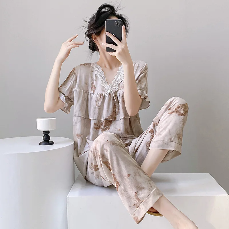 Pijama Feminina, новый комплект с короткими рукавами и v-образным вырезом, комплект из хлопка с принтом, летняя одежда для сна, домашняя одежда для женщин, пижамы
Pijama Feminina, новый комплект с короткими рукавами и v-образным вырезом, комплект из хлопка с принтом, летняя одежда для сна, домашняя одежда для женщин, пижамы