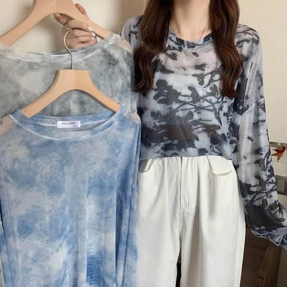 Thin Long Sleeve T-shirt See Through Sunscreen Tie Dye Pullover Transparent Bottoming Shirt Loose Cover Up Tops Female
Thin Long Sleeve T-shirt See Through Sunscreen Tie Dye Pullover Transparent Bottoming Shirt Loose Cover Up Tops Female
