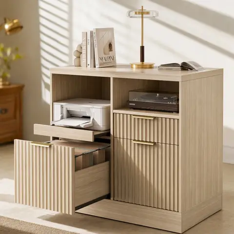 3 Drawer File Cabinet, Fluted Wood Lateral Filing Cabinet with Charging Station for Home Office, Fits for A4/Letter-Sized Files, Printer Stand with Open Storage Shelve