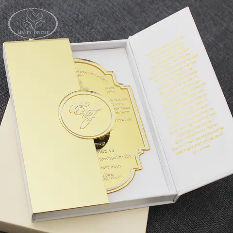 100pcs Custom Luxury Gold Mirror Acrylic Wedding Invitations in Hardcover Box with Personal Monogram Logo Factory Price HI4089