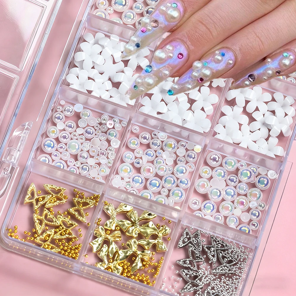 Набор для декора ногтей: 15 видов переливающихся жемчужных украшений, металлические бабочки, бантики, золотые стальные бусины, белые цветы из смолы, 15 видов в коробке
Набор для декора ногтей: 15 видов переливающихся жемчужных украшений, металлические бабочки, бантики, золотые стальные бусины, белые цветы из смолы, 15 видов в коробке