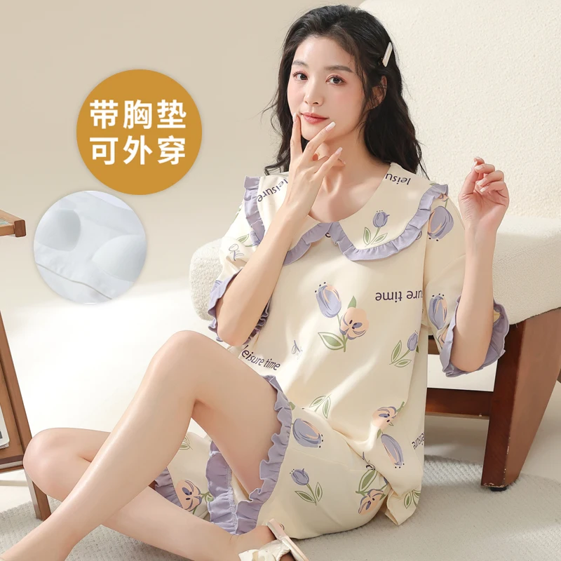 100kg Big Size M-5XL Cotton Women's Pajamas Set with Bra Pad Summer Short Sleeves Sleeping Top Pants Young Girl Loungewear
100kg Big Size M-5XL Cotton Women's Pajamas Set with Bra Pad Summer Short Sleeves Sleeping Top Pants Young Girl Loungewear