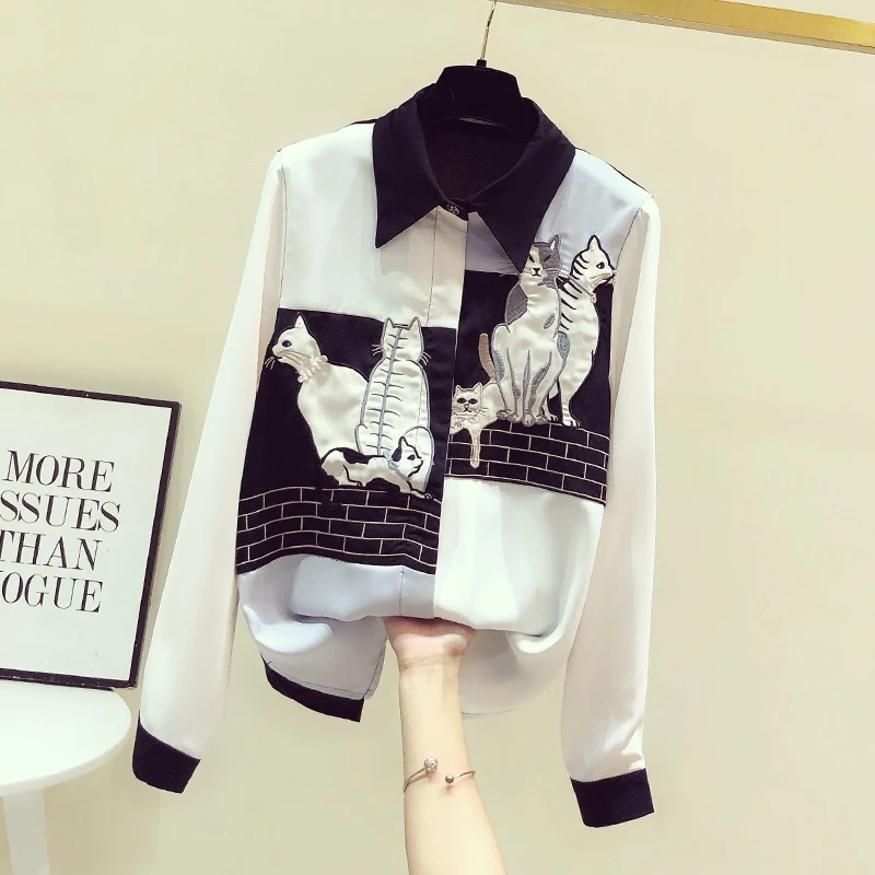 High Quality Retro Cat Embroidery Blouse Women Chiffon Long Sleeve All Match Chic Design Spring Summer Top Shirt Large Size
High Quality Retro Cat Embroidery Blouse Women Chiffon Long Sleeve All Match Chic Design Spring Summer Top Shirt Large Size