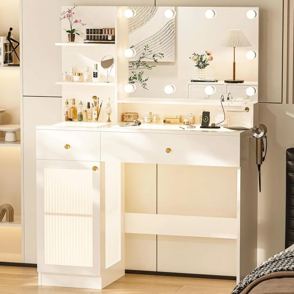 Vanity Desk with Large Mirror and Lights, Modern Glass Top Makeup Vanity Set with Power Outlet, Drawers and Cabinet
Vanity Desk with Large Mirror and Lights, Modern Glass Top Makeup Vanity Set with Power Outlet, Drawers and Cabinet