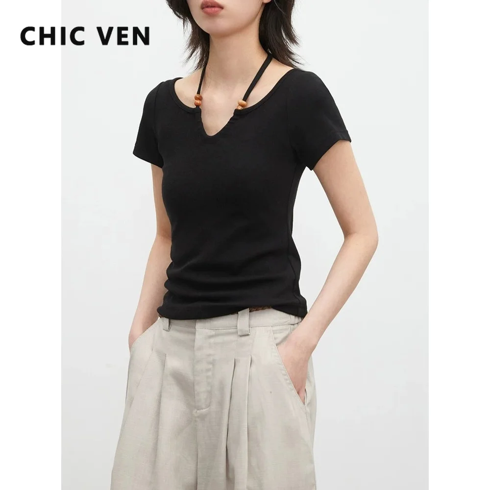 CHIC VEN Fashion Women T-Shirts Black New Slim Short Sleeved V-neck Hanging Neck Design Spicy Girl Tees Summer 2026
CHIC VEN Fashion Women T-Shirts Black New Slim Short Sleeved V-neck Hanging Neck Design Spicy Girl Tees Summer 2026
