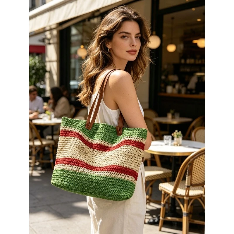 1/2pcs Fashion Woven Color Block Striped Straw Tote Bag Large Capacity Women Shoulder Bag for Beach Vacation
1/2pcs Fashion Woven Color Block Striped Straw Tote Bag Large Capacity Women Shoulder Bag for Beach Vacation