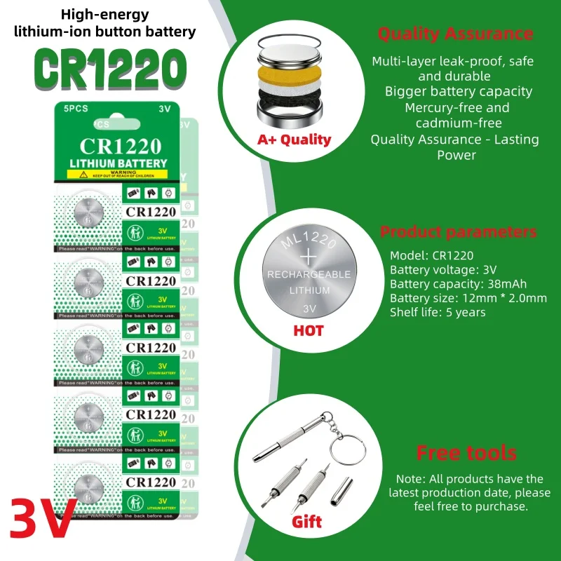 CR1220 Button Coins Cell Battery CR 1220 BR1220 DL1220 3V Lithium Button Batteries for Car Key Remote Control Watch Toy
CR1220 Button Coins Cell Battery CR 1220 BR1220 DL1220 3V Lithium Button Batteries for Car Key Remote Control Watch Toy