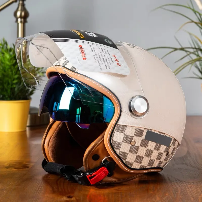 DOT Certification Leather Motorcycle Jet Helmets Men Women Daul Lens Open Face Helmet Retro Three-quarters Helmet
DOT Certification Leather Motorcycle Jet Helmets Men Women Daul Lens Open Face Helmet Retro Three-quarters Helmet