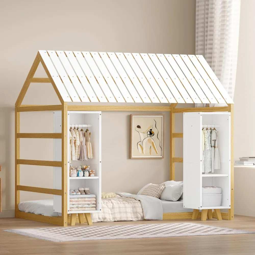 Charming Wooden Twin House Bed with Fence, Roof, and Two Wardrobes, Kids' Rooms, Natural Finish
Charming Wooden Twin House Bed with Fence, Roof, and Two Wardrobes, Kids' Rooms, Natural Finish
